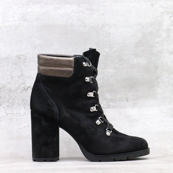 Sam Edelman Carolena Womens 10M US Black Leather Lace Up Chunky Heel Ankle Boots - Picture 1 of 11
